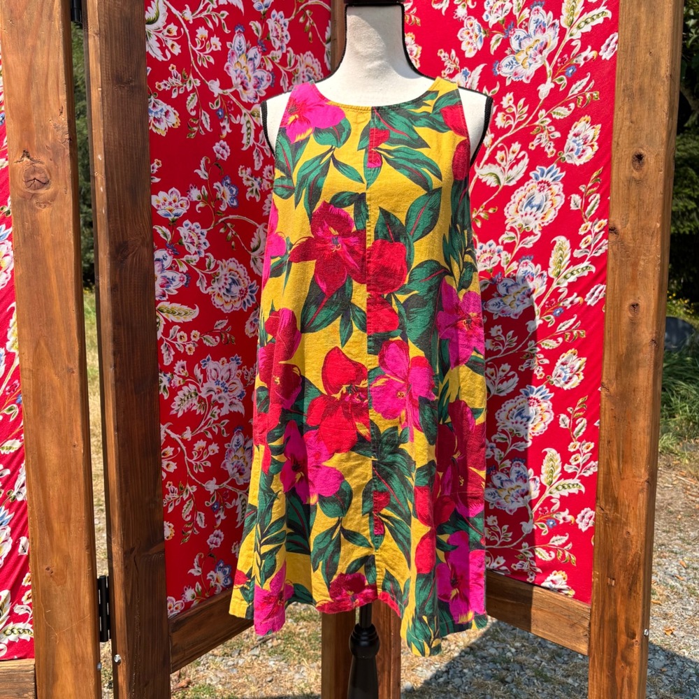 Linen Blend Tropical Print Jumper Chore Shift Dress Women's Oversized Small